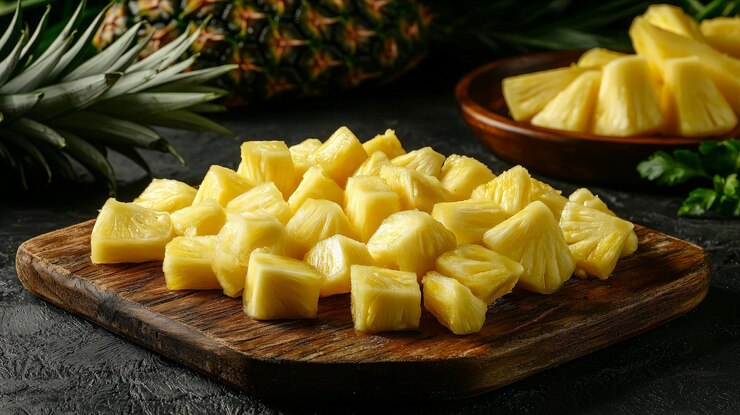 Trozos de piña recién cortados en una tabla de cortar de madera