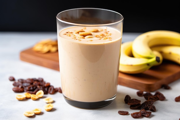 Trozos de plátano y mantequilla de maní hundiéndose en un vaso de batido