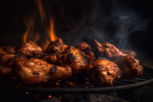 Trozos de pollo alitas de pollo a la parrilla parrilla fuego y humo Cocinar alitas de pollo IA generativa