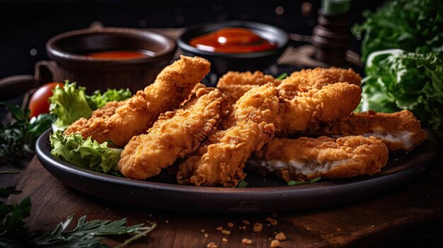 Trozos de pollo crujiente con adorno de verduras