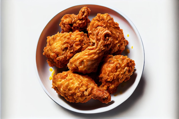 Trozos de pollo frito crujiente en un plato blanco con fondo blanco.