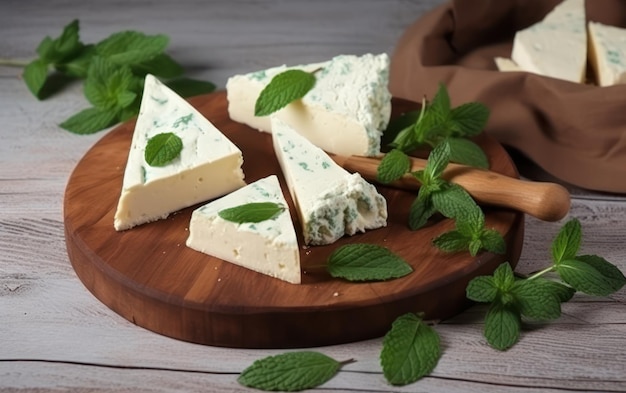 Trozos de queso crema de triángulo con menta sobre una tabla de madera aislada en una mesa blanca