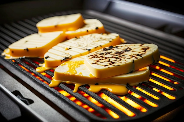 Trozos de queso en rodajas finas a la parrilla sobre una plancha creada con ai generativo