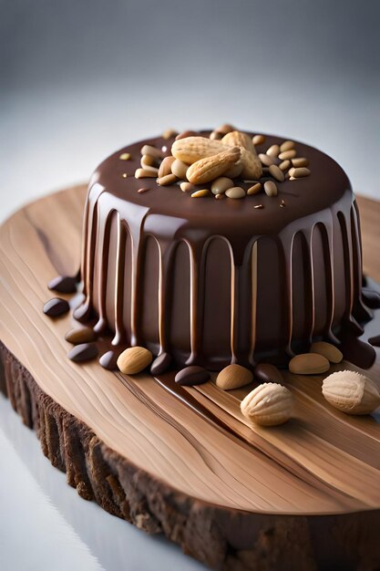 Trozos de tarta con chocolate líquido y maní