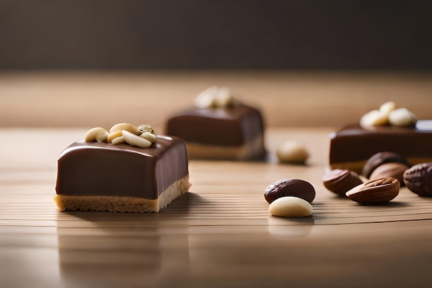 Trozos de tarta con chocolate líquido y maní