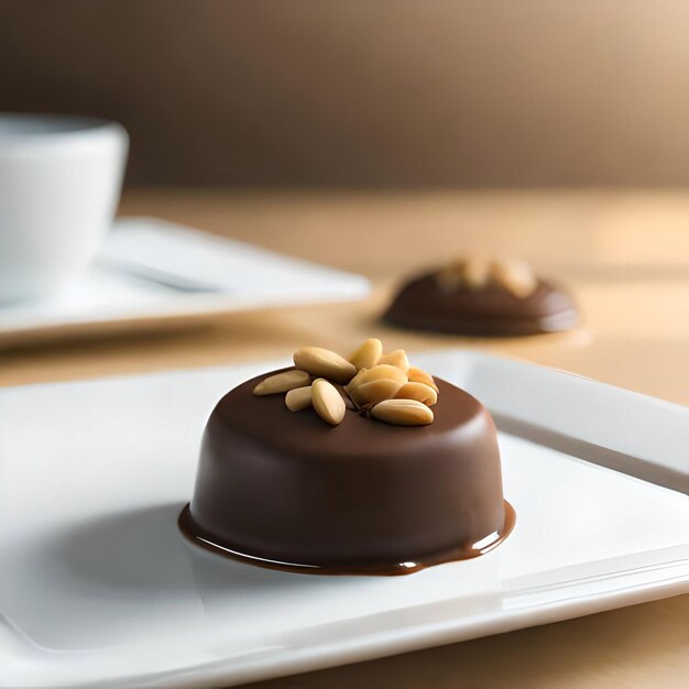 Trozos de tarta con chocolate líquido y maní