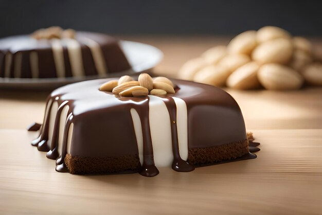 Foto trozos de tarta con chocolate líquido y maní