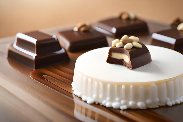 Trozos de tarta con chocolate líquido y maní