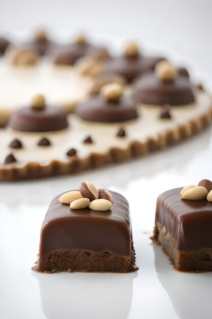 Trozos de tarta con chocolate líquido y maní