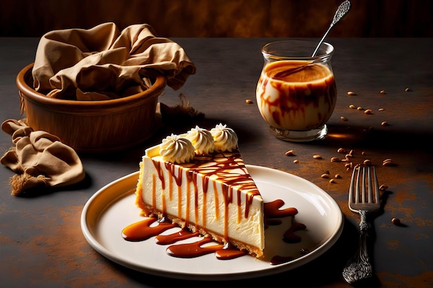 Trozos de tarta de queso con glaseado de caramelo y crema batida en la mesa