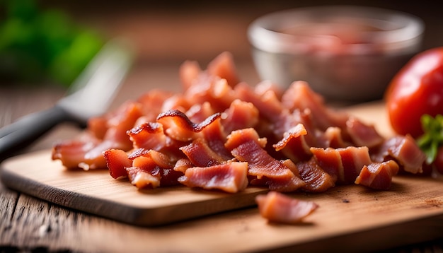 Foto trozos de tocino cocidos en una tabla de cortar de madera