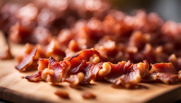 trozos de tocino cocidos en una tabla de cortar de madera