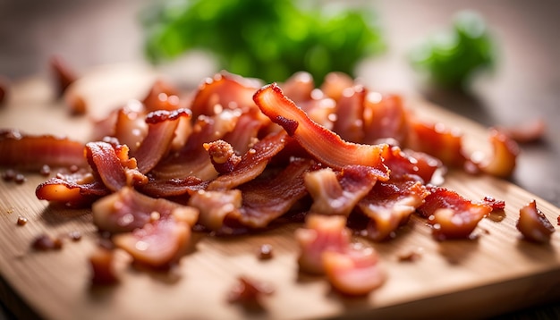 Foto trozos de tocino cocidos en una tabla de cortar de madera