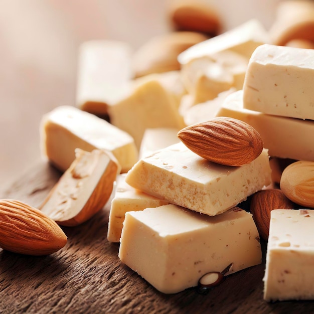 Trozos de turrón de almendras sobre mesa de madera