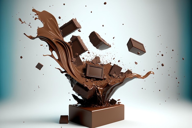 Trozos voladores de trozos de chocolate triturado con chocolate liquide