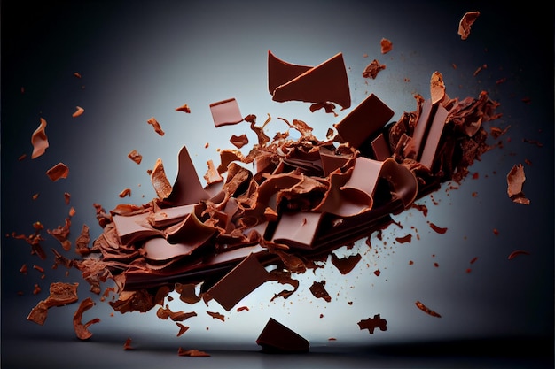Foto trozos voladores de trozos de chocolate triturado con chocolate líquido día de san valentín arte generado por ai