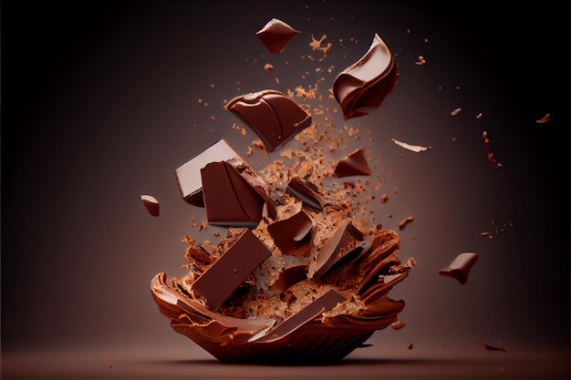 Foto trozos voladores de trozos de chocolate triturado con chocolate líquido día de san valentín arte generado por ai