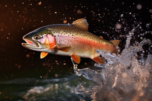 trucha arco iris salpicando en el río pescando peces temporada de desove trucha saltando fuera del agua
