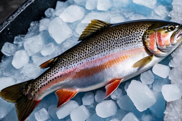 Trucha fresca congelada en el mostrador de la tienda en el hipermercado Mariscos frescos en hielo triturado en el mercado de pescado Congelado