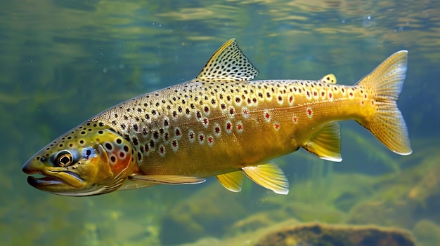 una trucha marrón está nadando en un acuario con otros peces
