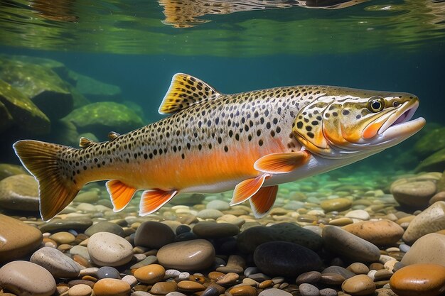 La trucha marrón Salmo trutta es un pez de río popular de colores hermosos de los ríos y arroyos europeos que cazan insectos en la superficie del agua Eslovenia