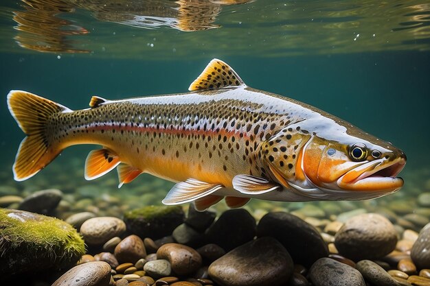 Foto la trucha marrón salmo trutta es un pez de río popular de colores hermosos de los ríos y arroyos europeos que cazan insectos en la superficie del agua eslovenia