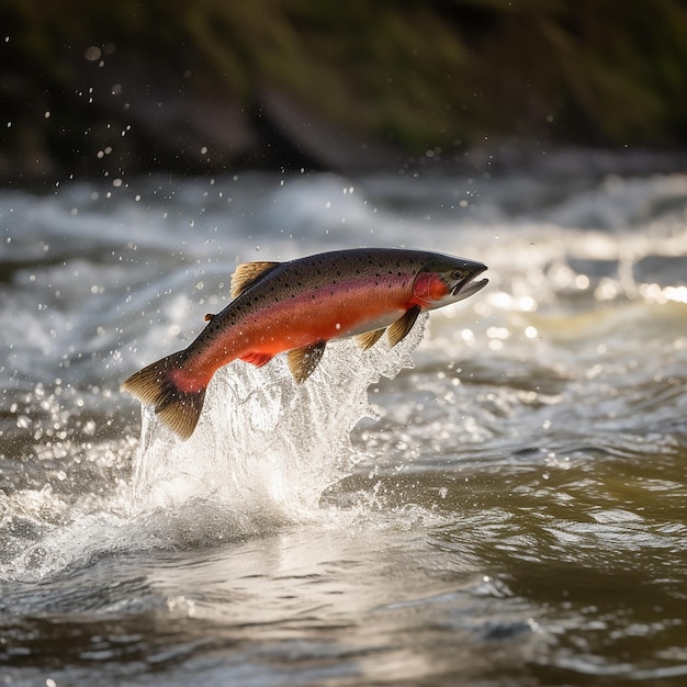 La trucha de salmón de pescado rojo salta de un arroyo de montaña un hermoso pez brillante un buen fondo