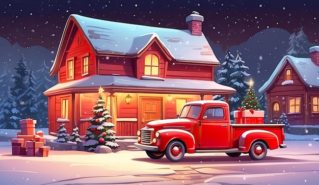 Truck de Navidad retro rojo de dibujos animados con regalos y un árbol de Navidad en la parte trasera cerca de una casa decorada