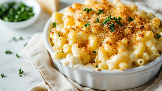 Trüffel-infundierter Mac and Cheese Platter auf einem weißen Tisch.