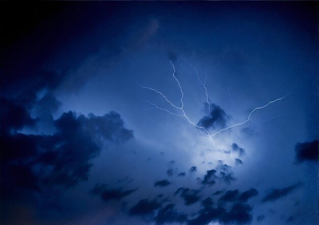 Foto trueno entre las nubes en el cielo azul de la noche