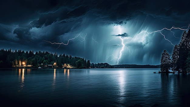 Trueno y relámpago sobre el lago