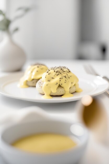 Trufa Benedict em uma mesa branca em uma cozinha moderna