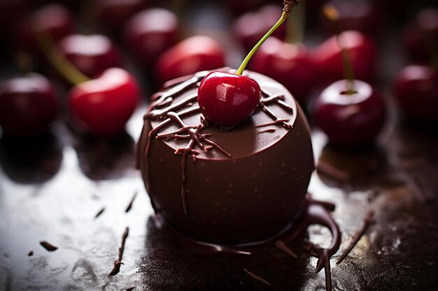Foto trufa de cereza amaretto de chocolate oscuro