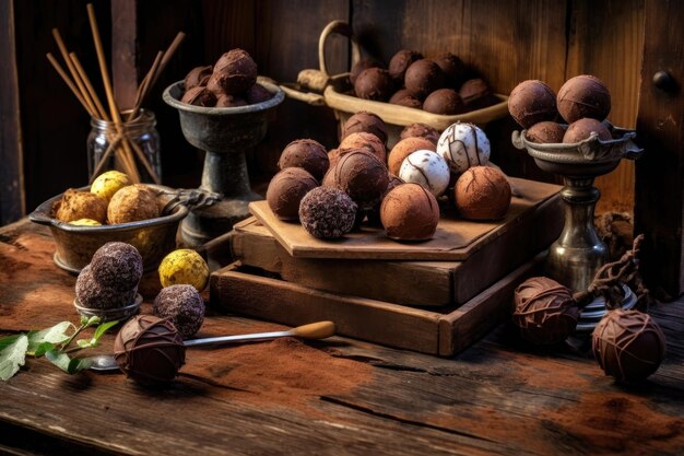 Foto trufas de chocolate artesanales dispuestas sobre una mesa rústica de madera creada con ia generativa