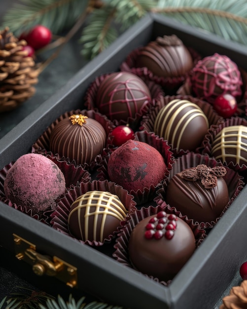 Trufas de chocolate en una caja de regalo