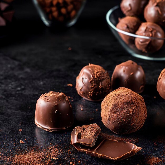 Trufas de chocolate caseras en fondo negro para copiar el espacio