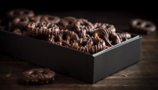 Trufas de chocolate negro apiladas en un contenedor rústico generado por inteligencia artificial