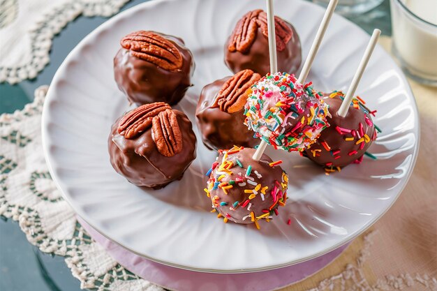 Trufas de chocolate de nueces caseras o pasteles pops son un regalo dulce en un plato