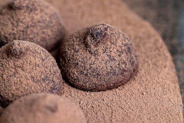 Trufas de bombons de chocolate em uma placa de madeira