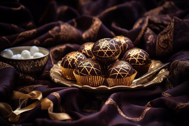 Foto trufas de chocolate cheias de caramelo em embalagens de ouro