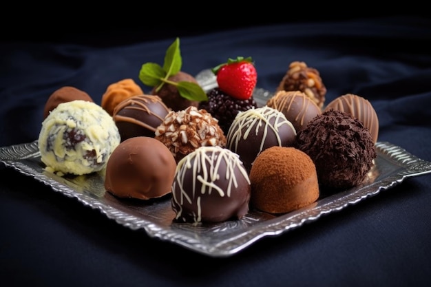 Foto trufas de chocolate com uma variedade de recheios cortadas ao meio criadas com ai generativa