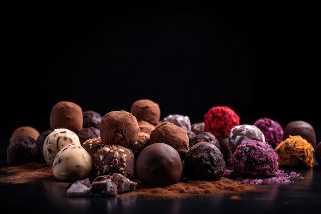 Trufas de chocolate em fundo preto com foco nas formas e cores de seus recheios