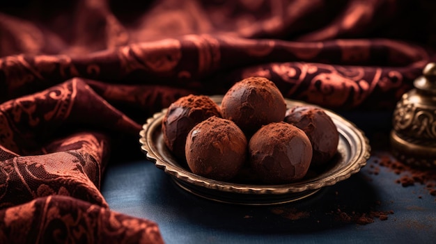 Trufas de chocolate escuro gourmet pulverizadas com cacau em prato vintage com fundo de veludo rico