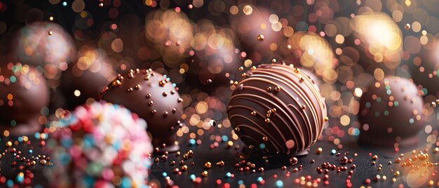 Trufas de chocolate gourmet com fundo festivo espumante