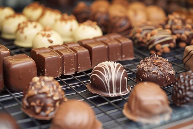 Trufas de chocolate gourmet em exposição numa loja de doces de luxo