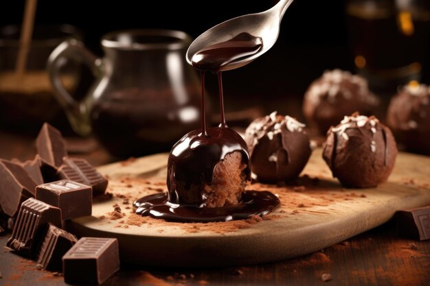 Trufas sumergidas en chocolate derretido con un tenedor creado con ai generativo