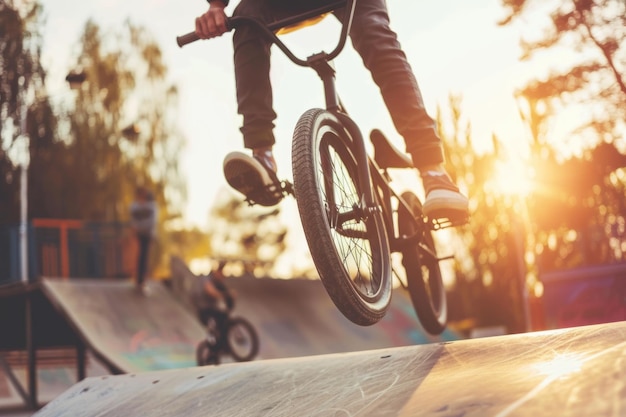 Truque de bicicleta BMX na rampa do skatepark durante o pôr do sol Tiro de ação de um ciclista realizando acrobacias