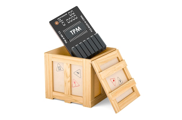 Trusted Platform Module TPM dentro del concepto de entrega de caja de madera Representación 3D