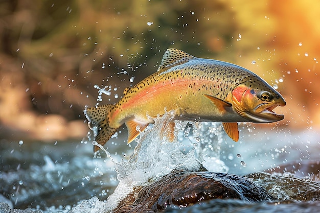 Truta arco-íris espalhando-se no rio, peixe de pesca, época de desova, truta saltando da água.