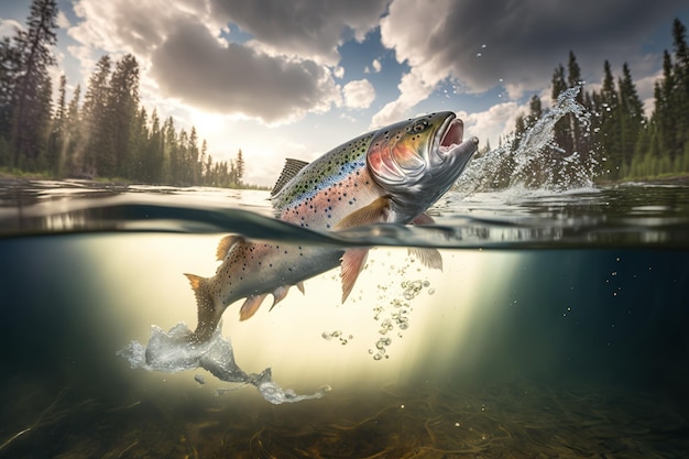 Truta arco-íris espirrando no rio pescando temporada de desova de peixes truta pulando fora da água